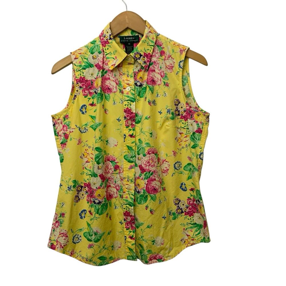 Lauren Ralph Lauren Button Up Shirt Womens Sz M Yellow Floral Cotton Sleeveless